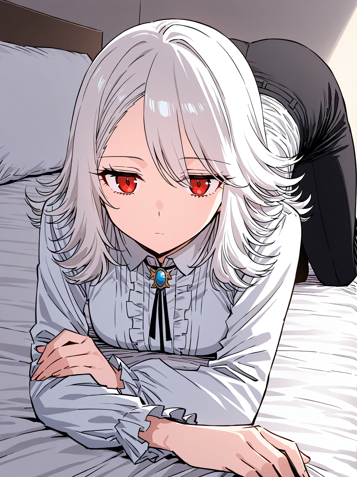 <lora:Player__Manhwa__Nagi:1>
1girl, solo, white hair, medium hair, layered hair, wavy hair, swept bangs, red eyes, expressionless, neutral face, long sleeves, high collar
white ruffled blouse, high collar, long sleeves, frilled sleeves, front ruffles, buttoned shirt, pleated collar, necktie ribbon, decorative brooch, black high-waisted pants, tight black pants,
score_9, score_8_up, score_7_up, score_6_up, source_anime, masterpiece, best quality, top-down view, a beautiful woman lying on a bed, relaxed pose, long flowing hair spread on the pillow, soft lighting, cozy bedroom, gentle expression, elegant nightgown, delicate sheets, natural shadows, serene atmosphere, slight perspective distortion from above