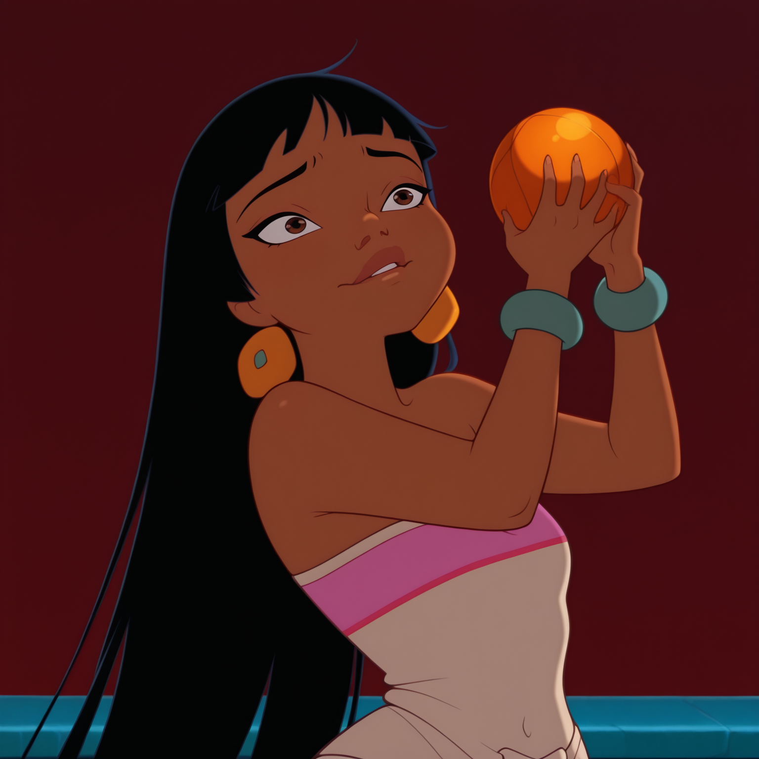 1girl, masterpiece, best quality, amazing quality,  absurdres,  <lora:Chel_Road_to_El_Dorado_r1:1> cheldy, latina girl, dark-skinned female, bangs, long hair, black hair, brown eyes, wide hips, holding a ball in her hands, dancing, biting her lips