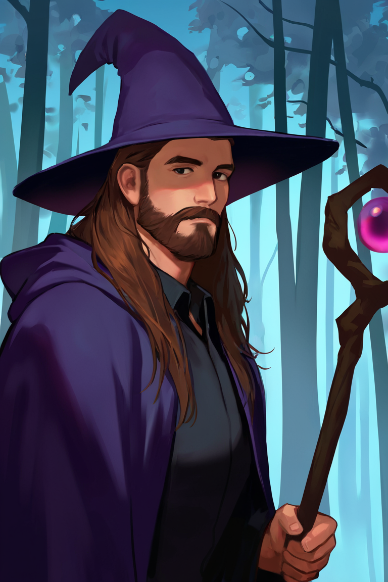 masterpiece, best quality, highres, newest, 1boy, solo, male focus, mature male, wizard, long hair, brown hair, black eyes, looking at viewer, hat, facial hair, beard, mustache, staff, wizard hat, purple hat, black shirt, collared shirt, robe, purple robe, hooded cloak, holding, holding staff, upper body, closed mouth, standing, outdoors, forest, nature, tree, fog, dark background <lora:Smooth Anime [LoRA] - NoobAI-XL EPS 1.0:1>