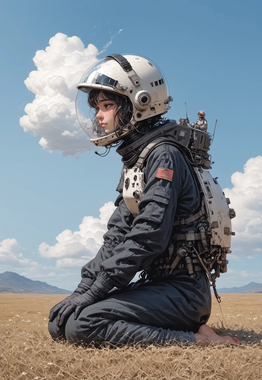 safe_pos, safe_pos, score_9, score_8_up, score_7_up, score_6_up, easynegative, ng_deepnegative_v1_75t, Expressiveh,
sky, clouds,
girl, astronaut helmet, country bumpkin, solo focus, solo,
sitting on top of a fluffy cloud, wispy cumulus cloud passing through and around head, feet tucked in, floating in sky, gentle breeze blowing wisps of cloud away, tilted slightly, cute, expressive, dark hair, skinny, freckles, face focus, feet, breezes, gentle wind,
