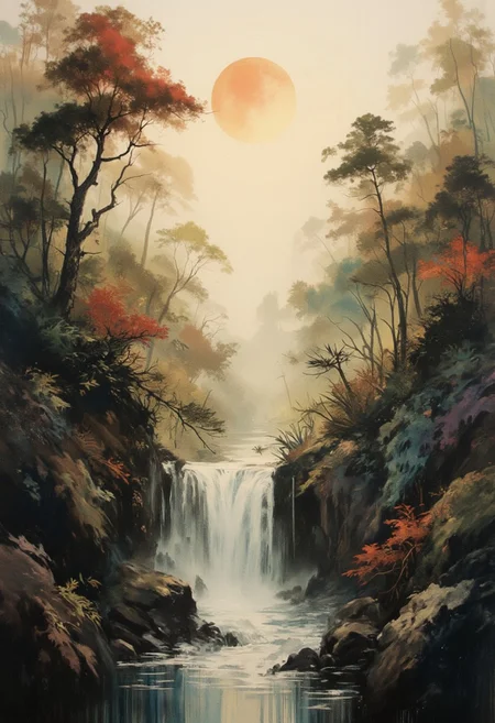 A dinkfsn style ink wash painting, OBxiaoxiang, Inkplash art on rice paper, sepia , Silhouette Art, magnificent, inksplash poster art, a large waterfall in a tropical rainforest, tall trees with buttresses, rapidly flowing water, sunset