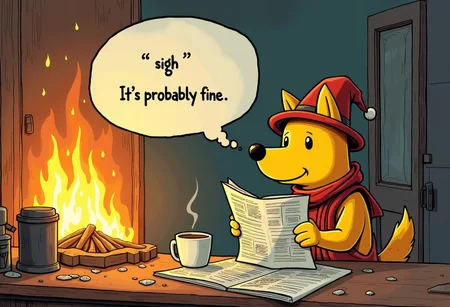 a yellow dog with a small hat and a newspaper drinks coffee in a burning house, distracted from reading the newspaper, a monologue bubble with the text "*sigh* It's probably fine"