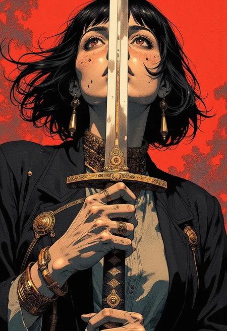 A hyper-detailed anime illustration of JunjiIto.hanna, featuring short black hair styled in a floating French bob cut, exuding an ethereal and unsettling presence. She is adorned with intricate, Egyptian-inspired golden ornaments and avant-garde clothing, crafted with meticulous digital inking and textured shading in Clip Studio Paint, capturing a chilling, cinematic atmosphere. Her long, dark bangs partially obscure her hollow, pupil-less eyes, which gaze upward with an intense, vacant stare. She wears a traditional Japanese school uniform, layered beneath an oversized dark overcoat, adding a sense of mystery and foreboding. In mid-motion, she draws a gleaming katana, with droplets and fine crimson mist elegantly arcing outward from the blade, suggesting intense movement without revealing its source. The crimson mist sharply contrasts against a deep red gradient background, heightening the eerie, surreal ambiance. Shot from a high-angle perspective, enhanced by a 100mm virtual prime lens with an f/2.8 aperture for a shallow depth of field and ISO 50 for ultra-fine clarity, the composition emphasizes her otherworldly presence. The red-to-black gradient background amplifies the unsettling effect, with dramatic shadows and fine grain adding texture. Inspired by Junji Ito’s distinctive unsettling style, the piece captures a moment frozen in time, enveloped in dreadful suspense. (mythp0rt, ne0nfant4sy, midjourney_whisper_avant_couture)