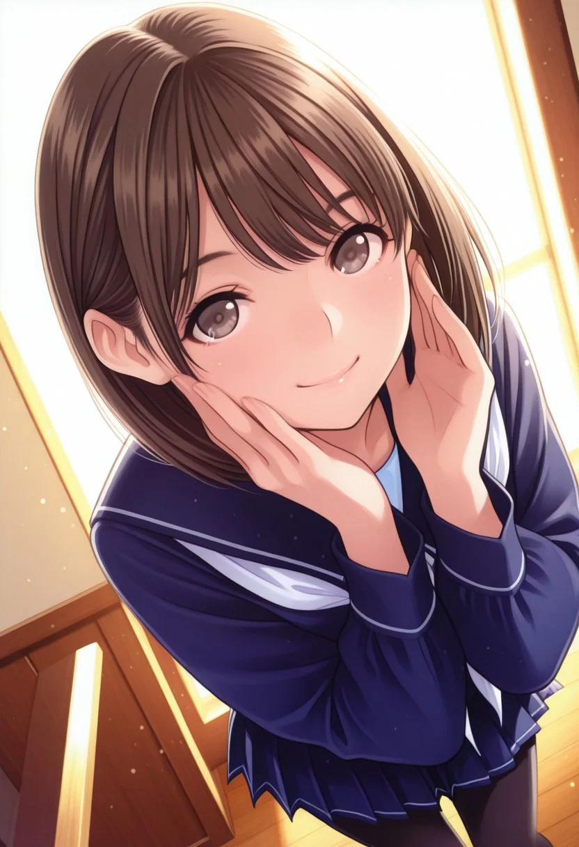 1girl, nene,brown hair,brown eyes, n_b_clothes,long_sleeves,blue serafuku,neckerchief,pleated skirt,black_pantyhose,smile, spread hand on cheek, close-up,, looking at viewer, sexy pose, outsides,masterpiece, best quality, ultra-detailed, best illustration, soft lighting, bloom, light particles, glow, shiny hair, detailed background, dynamic lighting, volumetric lighting, dynamic pose, dynamic angle,
