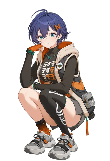 <lora:belle_illustrious-000038:1>,
belle,solo,full body,thighhighs,asymmetrical legwear,orange socks,skirt,single thighhigh,tachi-e,jacket,hood,socks,gloves,smile,sneakers,shoes,shirt,looking at viewer,grey footwear,black shirt,grey skirt,open clothes,belt,orange gloves,mismatched legwear,hood down,black thighhighs,long sleeves,single sock,closed mouth,jewelry,open jacket,single glove,hooded jacket,fingerless gloves,earrings,ahoge,uneven legwear,crossed bangs,black jacket,hoodie,breasts,single earring,watch,hairclip,clothes writing,multicolored clothes,fanny pack,turtleneck,zipper,squatting,white_background,