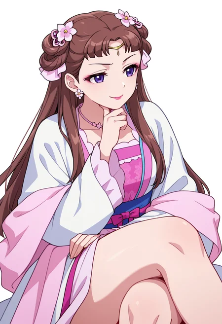 Smooth Quality,masterpiece,very intricate, high quality details, ultra realistic, high detailed skin,detailed enviorement,absurdres,
partially undressed,
<lora:Lishu_CNR:0.8> lishu_cnr,brown hair, long hair, purple eyes, makeup, lipstick, lishu_pink_cnr,hanfu, dress, long sleeves, sash, shawl, circlet, flower earrings, necklace,hair flower, hair rings, hair bun,, simple background, white background, dynamic angle,
sitting, legs crossed, hand on chin, smiling, relaxed, ,annoyed,