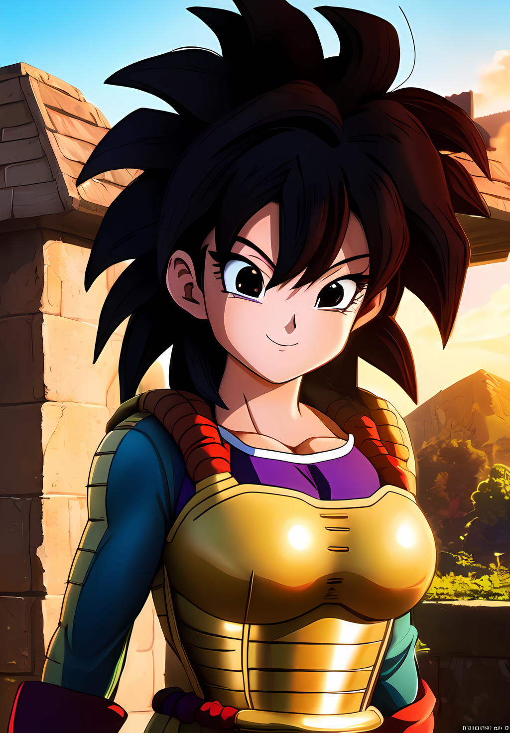 (Photo:1.3), highdetail, <lora:Gine:0.8>, Gine, 1girl, solo, saiyan armor, smile, ((portrait,)) Black Hair, (acclaimed, alluring, captivating, exciting, gorgeous, striking:1.3), (trending on artstation:1.3)