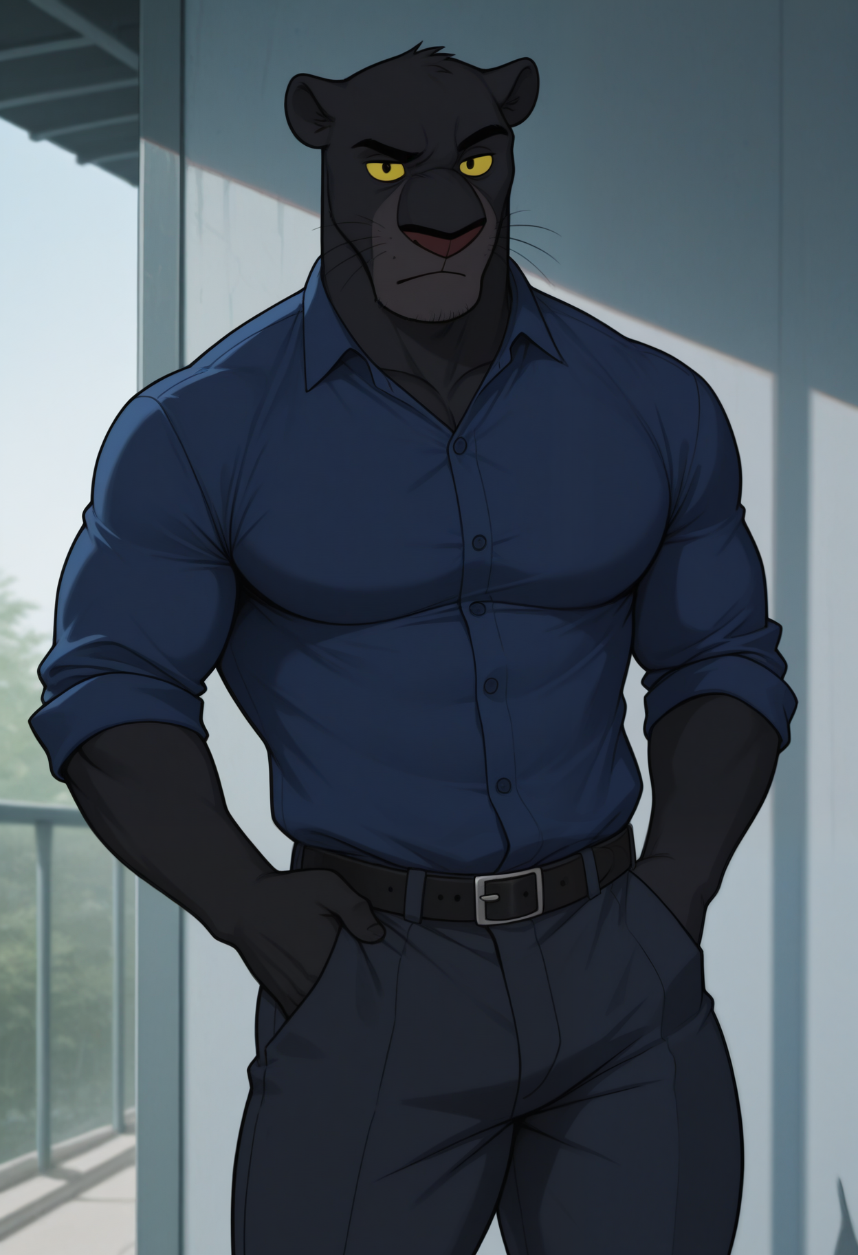 masterpiece,best quality,amazing quality,1boy, solo, b4gh33r4, anthro panther, bara, colored sclera, black fur, shirt, pants,