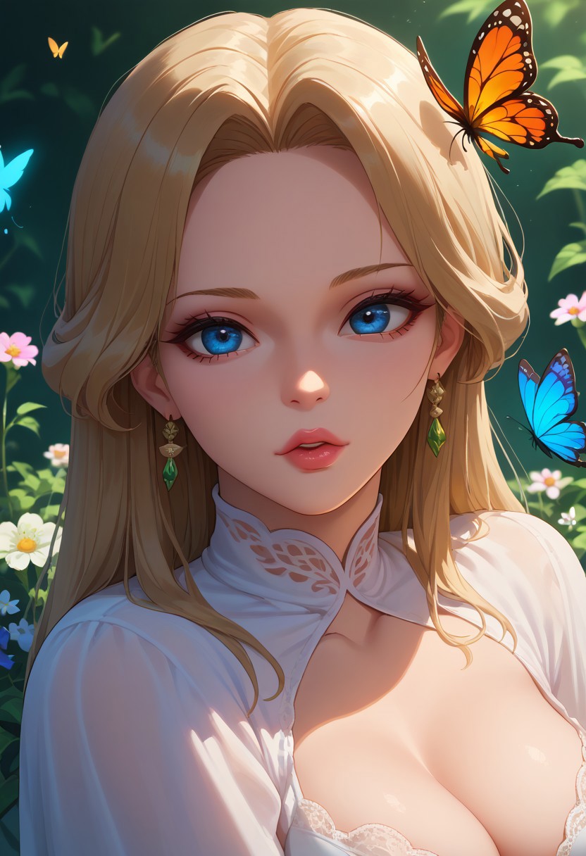score_9, score_8_up, score_7_up, 1girl, original, bug, butterfly, flower, glowing, lips