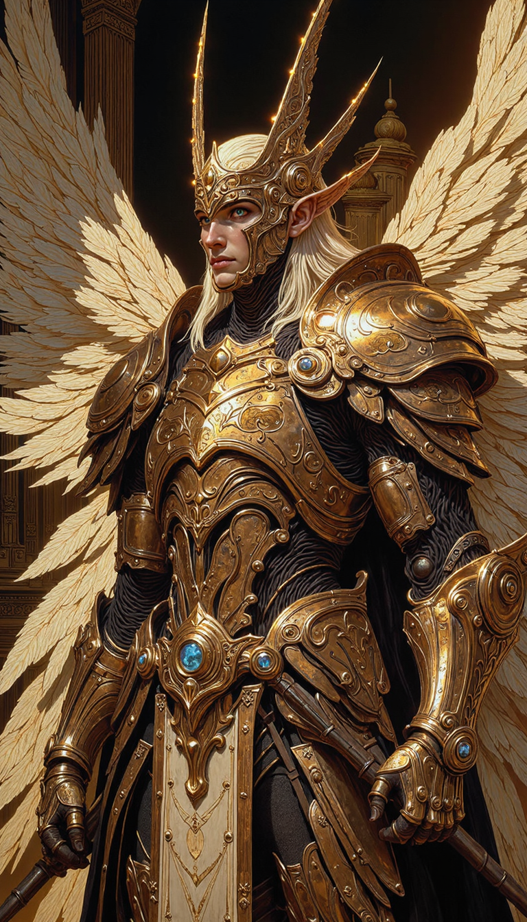 Comic book style, A female valkyrie stands in contrapposto, clad in meticulously crafted, ornately etched, gold-burnished armor that catches the sunlight streaming in from a unseen source. The armor, reminiscent of ancient Grecian craftsmanship, adorns her from pauldrons to greaves, a testament to her prowess. Her countenance, framed by cascading flaxen tresses, exudes stoic serenity, her cerulean eyes reflecting an inner strength. Enormous, meticulously rendered, feathered wings, tipped with the palest gold, unfurl majestically behind her, hinting at a power barely contained. Opt for a dynamic three-quarter perspective, using chiaroscuro lighting to emphasize the depth and detail of the armor, and the ethereal glow emanating from the figure. The background, suggestive of a grand hall or temple, should feature architectural elements bathed in warm, diffuse light, creating a sense of depth and majesty.