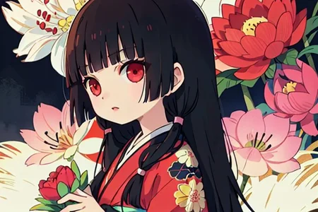 enma ai, hair down, hair black, bangs, eyes red, masterpiece, best quality, ultra-detailed, illustration, 1girl, solo, highres, photorealistic, ultra high res, (Original illustration composition), (fusion of limited color,Maximalism artstyle, kimono obi fashion, double exposure, background, illustration, Amazing, lily spider, night darkness, open one's mouth, finger, bouquet flowers red, low twintails, (polychromatic peony:1.15), Movie poster,