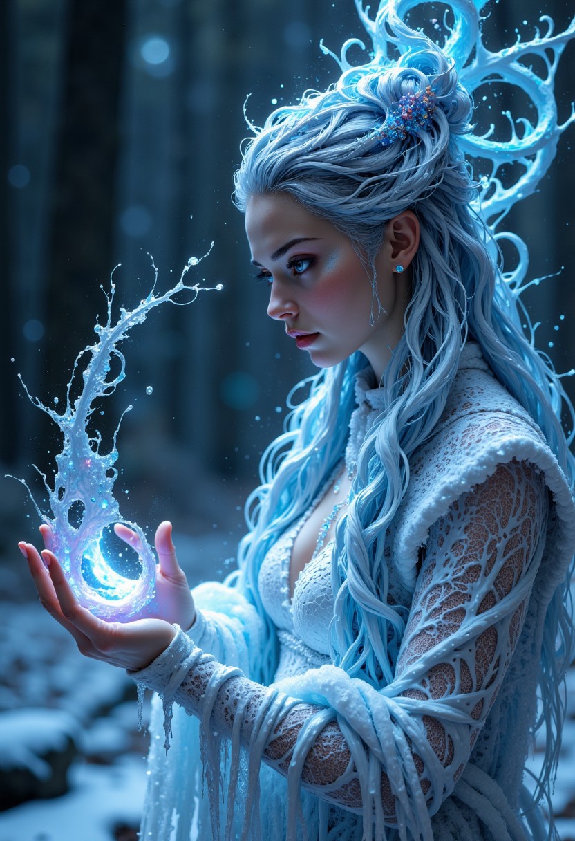 Face close up, gorgeous perfect eyes, highly detailed eyes, glossy lips. In a frigid, enchanted forest, a frost enchantress moves gracefully through the frozen landscape. Her skin shimmers like ice, and her long, silvery-blue hair trails behind her like a frozen river. She wears a gown made of frost and icicles that glimmer in the faint moonlight. In her hands, she conjures a swirling snowstorm that seems to have a life of its own. The atmosphere is cold, eerie, and ethereal, with snowflakes gently falling, captured in a soft focus, highlighting the intricate details of her icy magic. (maximum ultra high definition image quality and rendering:3), maximum image detail, maximum realistic render, (((ultra realist style))), realist side lighting, , 8K high definition, realist soft lighting, (amazing special effect:3.5)