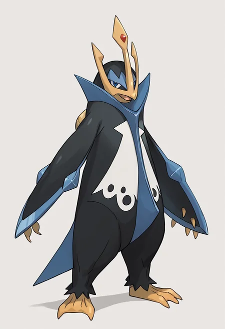 (score_9, score_8, score_7), masterwork, masterpiece, best quality, emperor01, large penguin, dark navy blue body with light blue accents, sharp yellow beak, golden trident-shaped crest on head, wide flipper-like arms with blue blade edges, white chest with six black circular markings in two rows, yellow webbed feet with claws, short pointed tail,PokeStyleMix