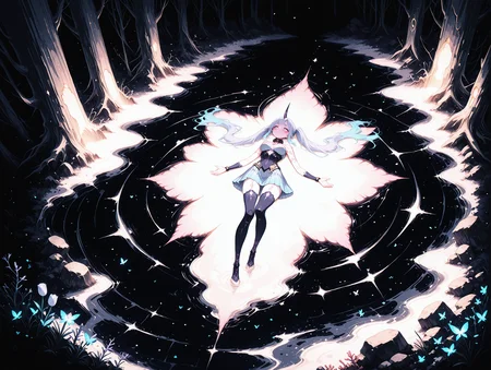 masterpiece,best quality,amazing quality,very aesthetic, anime screencap, anime coloring, S4bit4mago_illu, wasabi_natsume_illu, digital illustration, no lineart,no outline,dark Fairytale, limited palette, Bright_illu, LeIsT0_illu, Studio Ghibli Dark Fairytale, Sinozick_illu,
soft lighting, shadows, soft shadows, shaded, Rim Lighting, light particles, storm, sand storm, sand, night, dark, light indigo theme,
1girl, hair over shoulders, very long hair, uneven_twintails, choppy_bangs, no puplis, light Aquamarine eyes, innocent, blushing, thick eyebrows, light Navy blue hair, light Violet hair, full body tattoo, tall, (thigh-high stockings:1.1), medium breasts, butterflies in flight, magical smoke, chains, restricted, mechanical collar, (light Aquamarine skin, colored skin,:1.2), on back, laying on back, ,
(solo:1.6), front view, cinematic view, from above,, dancing, dynamic pose,
web print, single horn,
light Turquoise lace segmented Padded shirt, gray cotton extravagant Tulip skirt,
patterns,
plastic reinforced wall, concrete assymetric floor, runed tree, colored leafs, flowers, meadow field, grass, cyberpunk architecture, ancient carvings, interior,
water, coral reefs, rocky, caves, tunnels, bubbles, current, Gnarled trees,
High-tech, laboratory, advanced machinery, glowing screens, floors, data projections, clean walls,
<lora:StS-Illustrious-Detail-Slider-v1.0:2> <lora:add-detail-xl:2> <lora:LeIsT0_style:0.6> <lora:Bright_style:0.6> <lora:xl_more_art-full_v1:0.4> <lora:wasabi_natsume_style_r1:0.4> <lora:Obsidian_skin:0.2> <lora:NLSTN-IL:0.2> nlstn, <lora:Gothic_Grain_Illustrious:0.4> <lora:TrendCraft_The_Peoples_Style_Detailer-v2.1A-3_12_2025-SDXL:0.6> <lora:ppw_v7_Illuv1.0_1_r2:0.4> <lora:BS2.2:0.2> <lora:WW:0.2> W1CK3D, CORRUPTION,