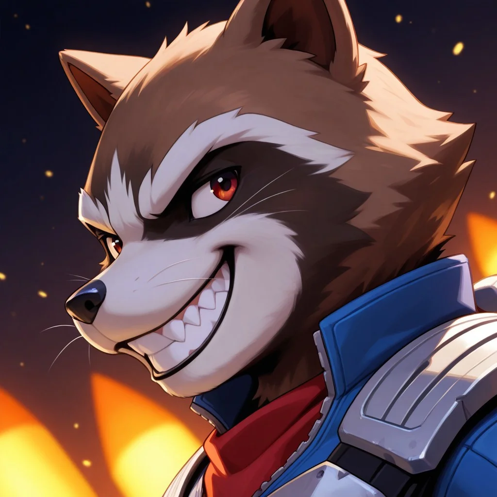 source_furry
, 1boy,solo, furry, Rocket Raccoon, blue bodysuit, brown fur, red Scalera, raccoon, ((grin, bust portrait, dutch angle))