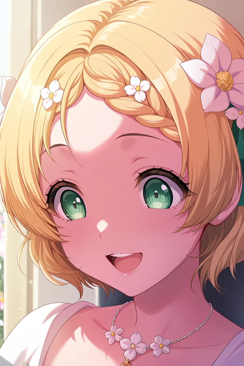 masterpiece, best quality, amazing quality,
<lora:Miiko_IL:1> miiko, 1girl, green eyes, hair ornament, solo, blonde hair, flower, hair flower, smile, open mouth, portrait, braid, necklace, braided bangs, jewelry, teeth, upper teeth only