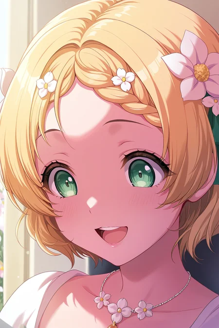 masterpiece, best quality, amazing quality,
<lora:Miiko_IL:1> miiko, 1girl, green eyes, hair ornament, solo, blonde hair, flower, hair flower, smile, open mouth, portrait, braid, necklace, braided bangs, jewelry, teeth, upper teeth only