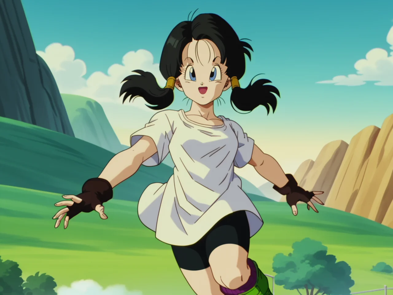 Videl, 1girl, pigtails, white shirt, bike shorts black hair, green boots fingerless gloves, floating, <lora:Videl-prodigy-7:0.8>, score_9, score_8, score_8, anime screencap, solo, portrait, looking at viewer, outdoors, sky, flying, shadows