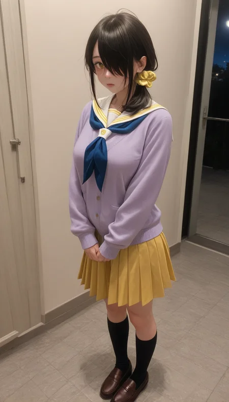 <lora:LCMTurboMix_Euler_A_fix:1> <lora:example_SDXL:0.3>, EZRealPONYXL, <lora:Dramatic Lighting Slider:3> <lora:realistic filter [IL]:1>
DSLR,realistic,cosplay photo, (very awa,masterpiece,best quality,year 2024,newest,absurdres,highres:1), realistic,skin texture,facial features, photography shot with Canon EOS 5D Mark IV , realistic, RAW, best quality, masterpiece, amazing quality, skin details,
highly detailed beautiful face, large natural breasts,
detailed background, shiny skin, dutch angle, night, moonlight,
beautiful detailed eyes, intricate details, absurdres,
artist: onono imoko, artist: taesi,
newest, masterpiece, best quality, 4k,ultra detail, 
indoors, very aesthetic, detailed background, full body,
1girl, solo,  <lora:Kotono Shiunji:1> k0tono, black hair, long hair, hair over one eye, yellow eyes, hair scrunchie, blush,school uniform, serafuku, white sailor collar,purple sweater, blue neckerchief, pleated skirt, yellow skirt, kneehighs, black socks, brown loafers,standing,