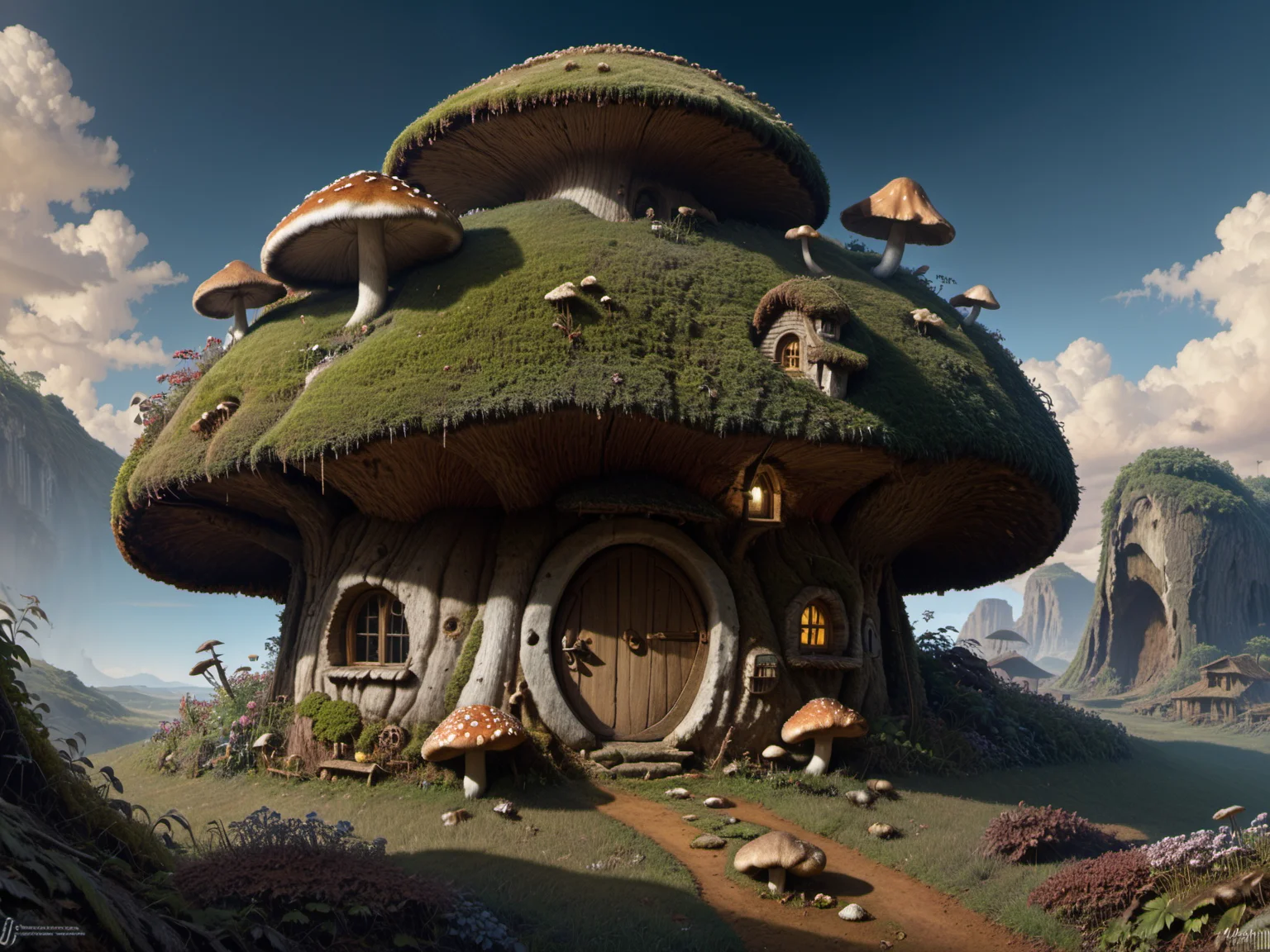 village with mushroom-house, in style of Justin Gerard, in style of Jay Anacleto<lora:xl_real_beta1:1>