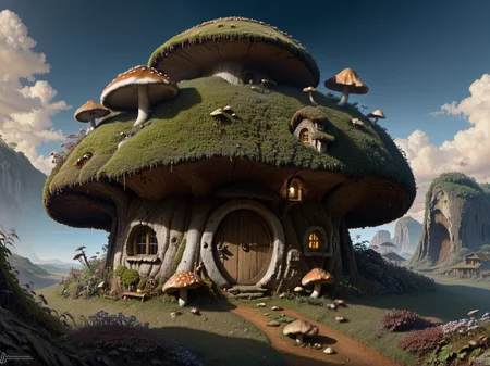village with mushroom-house, in style of Justin Gerard, in style of Jay Anacleto<lora:xl_real_beta1:1>