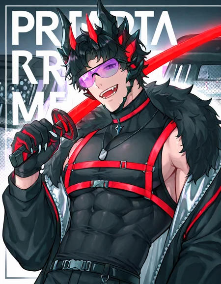 male focus, 1boy, holding, sword, weapon, over shoulder, weapon over shoulder, black hair, jacket, horns, holding sword, shirt, gloves, solo, black gloves, holding weapon, sword over shoulder, dog tags, black jacket, black shirt, dragon horns, short hair, dragon boy, smile, open clothes, fur trim, open mouth, jewelry, fur-trimmed jacket, open jacket, motor vehicle, multiple horns, upper body, sleeveless shirt, hand up, belt, katana, sleeveless, necklace, looking at viewer, fangs, long sleeves, pants, sunglasses, tinted eyewear, claws, teeth, turtleneck, pectorals, toned, zipper, purple-tinted eyewear, virtual youtuber, chest harness, multicolored horns, toned male, harness, english text, car, parted bangs, taut shirt, chest belt, abs, scales <lora:cyberpunk:0.8>