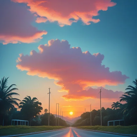 Score_9, score_8_up, score_7_up, BREAK
ArsMovieStill, Movie Still From Colored 1950s Super Panavision 70 Movie, The image shows a beautiful sunset with a palm tree in the foreground surrounded by a road poles wires and houses. The sky is filled with clouds adding to the peaceful atmosphere of the scene., scenery, sky, outdoors, no humans, tree, sunset, cloud, power lines, utility pole, plant