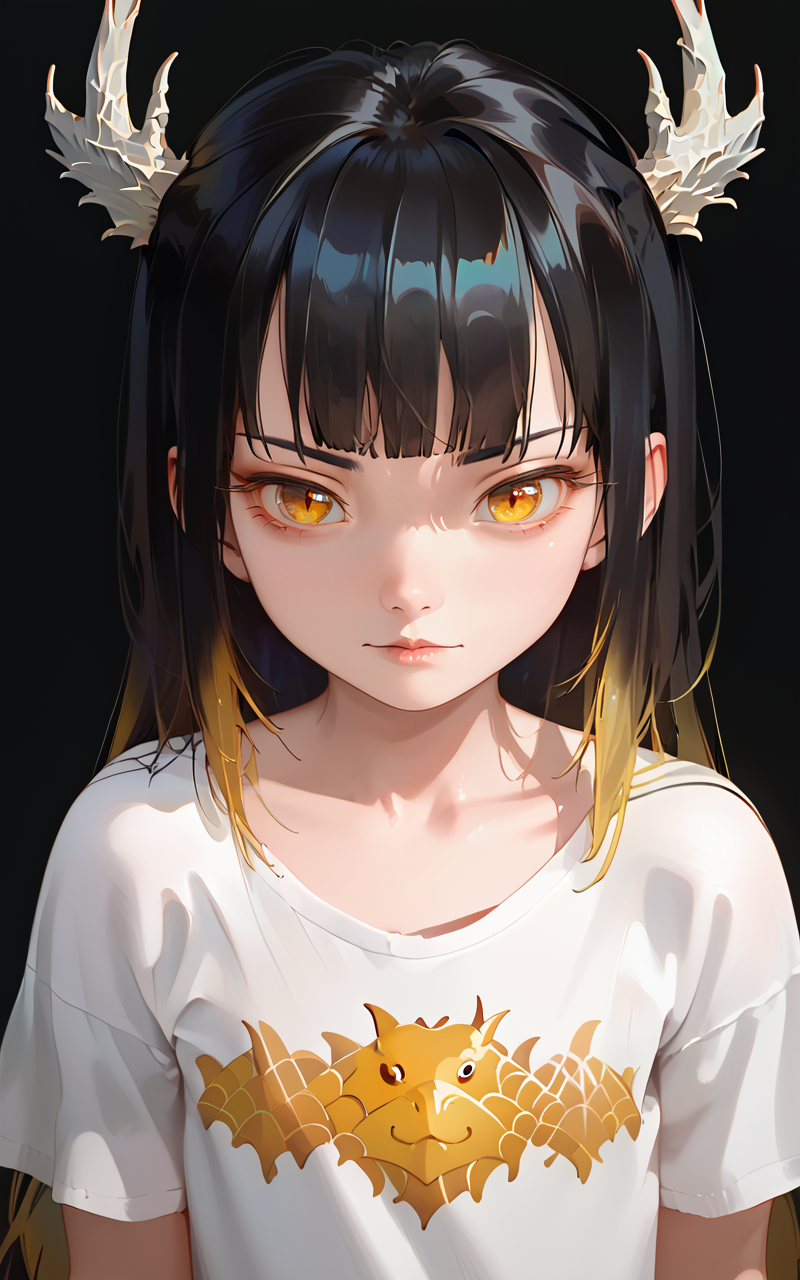 score_9,score_8_up,score_7_up,
<lora:drzhiguiPony3:1>,dragongirl,solo,scale,1girl,black hair,yellow eyes,horns,fish scale,antlers,looking at viewer,upper body,long hair,bangs,pale skin,lips,closed mouth,blunt bangs,collarbone,dragon horns,Child,Gradient hair color,dark background,(child:1.3),petite,chibi,kawaii,round face,<lora:v6:0.9>,(t-shirt:1.3),cartoon dragon pattern,