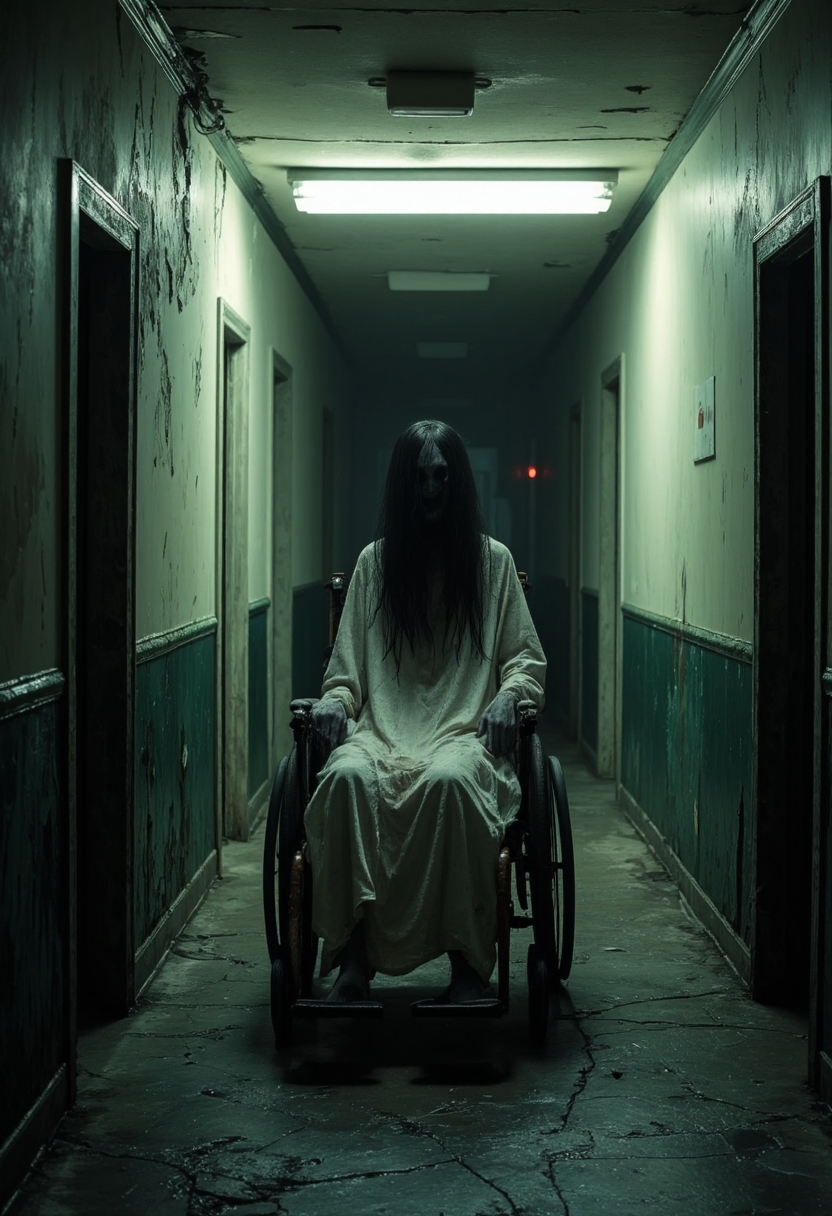 This haunting image portrays a ghostly figure slumped in a wheelchair in a decrepit, dimly lit hallway. The oppressive lighting, decayed environment, and lifeless posture of the figure evoke themes of abandonment, supernatural dread, and isolation. The long, shadow-filled corridor amplifies the sense of unease, as the glowing red light and darkened doorways suggest unseen dangers lurking just out of reach. The scene masterfully blends decay and suspense to create a chilling and memorable depiction of horror.