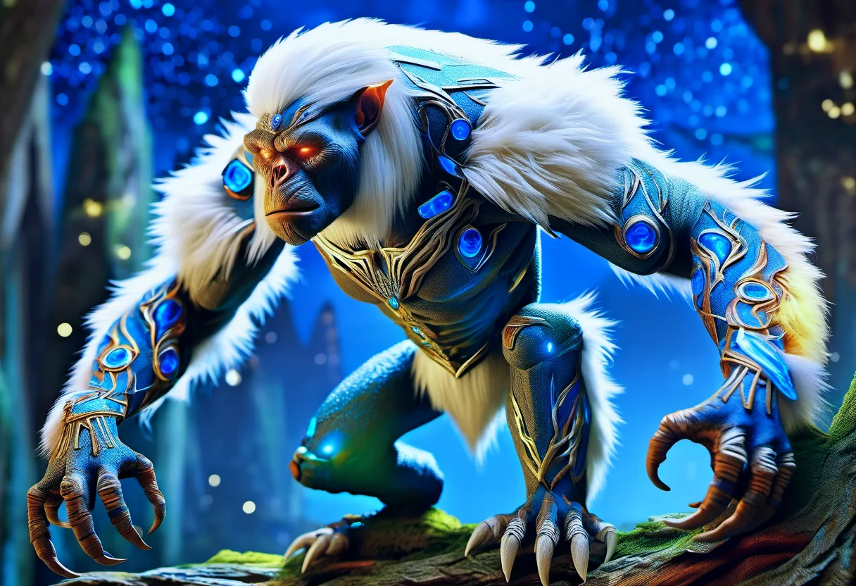 hyper detailed masterpiece, dynamic realistic digital art, awesome quality, DonMMy51ic4lXL hobgoblin, cryptid large humanoid ape-like creature, white fur, thick stocky build, long arms, hunched stooped posture, prominent brow ridge, elusive, mysterious, mountain-dwelling, glistening,hushed,high-spirited,entangled,saline aroma,unknown <lora:DonMMy51ic4lXL-000006:0.8>