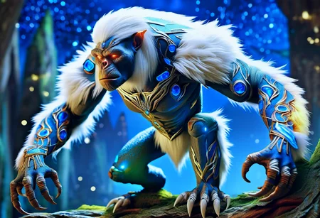 hyper detailed masterpiece, dynamic realistic digital art, awesome quality, DonMMy51ic4lXL hobgoblin, cryptid large humanoid ape-like creature, white fur, thick stocky build, long arms, hunched stooped posture, prominent brow ridge, elusive, mysterious, mountain-dwelling, glistening,hushed,high-spirited,entangled,saline aroma,unknown <lora:DonMMy51ic4lXL-000006:0.8>