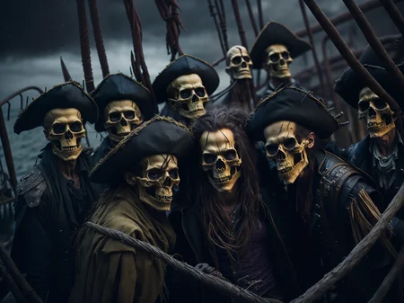 [1800 pirates on a pirate ship taking a selfie:award winning photo of a skeleton pirates on a pirate ship, rainy storm, golden hour:0.25]