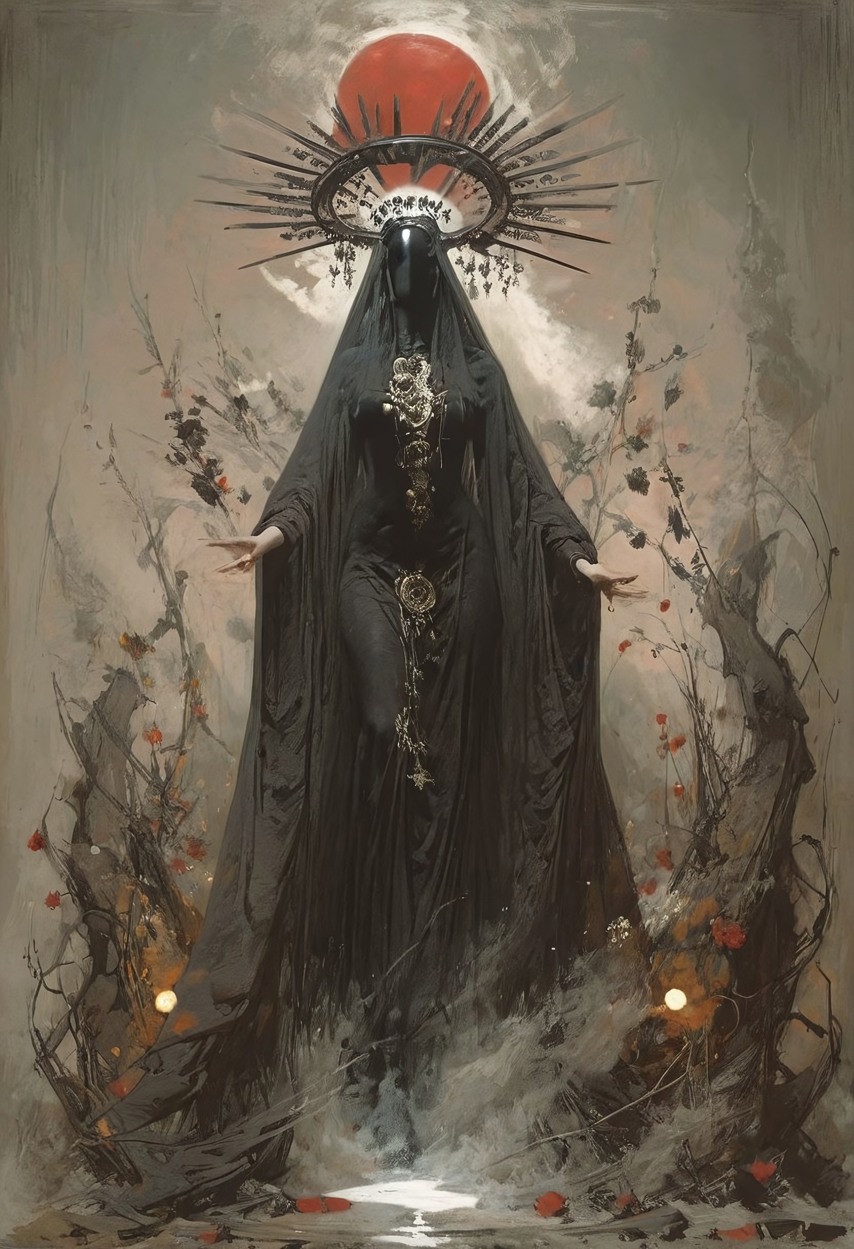 safe_pos, ((score_9, score_8_up, score_7_up)), (((character design, sci-fi warrior women, feminine power, perfect anatomy))), symmetry, contrast, (flat shapes), vertical lines,
An enigmatic figure of a (satanic)nun(caucasian), her (dark habit_catsuit covers all her skin), conducting a sensual satanic ritual inside a dark cathedral during night under a red eclipse. Her (eyeless)mask, elaborate crown, (fully)conceals her identity, adding to her mystique and allure. (gold stiletto platform thigh boots:1.2), big breasts, tiny waist, flat abs, naughty, looking at viewer, seducing with her body, dancing towards viewer with her arms, blood flowing from her hands, sexy ass seductive wide hips, legs apart, strong stance pelvic curtain, butt cheeks, twerk, perky breasts, in the style of a vintage, high-contrast setting. Emphasize theatrical elements with extreme opposition of bright colors against dark, moody backgrounds, (stylized eyes surrounding her)  
,big butt, booty, bubble butt, <lora:add-detail-xl:2> ph4nt0m01l, retrobigguns, style-empire,hand