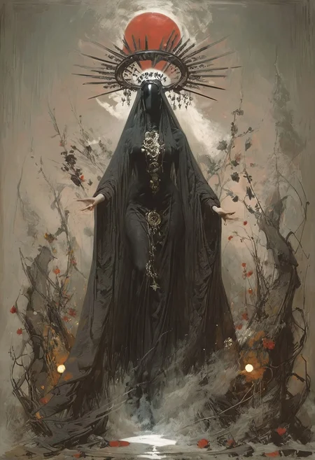 safe_pos, ((score_9, score_8_up, score_7_up)), (((character design, sci-fi warrior women, feminine power, perfect anatomy))), symmetry, contrast, (flat shapes), vertical lines,
An enigmatic figure of a (satanic)nun(caucasian), her (dark habit_catsuit covers all her skin), conducting a sensual satanic ritual inside a dark cathedral during night under a red eclipse. Her (eyeless)mask, elaborate crown, (fully)conceals her identity, adding to her mystique and allure. (gold stiletto platform thigh boots:1.2), big breasts, tiny waist, flat abs, naughty, looking at viewer, seducing with her body, dancing towards viewer with her arms, blood flowing from her hands, sexy ass seductive wide hips, legs apart, strong stance pelvic curtain, butt cheeks, twerk, perky breasts, in the style of a vintage, high-contrast setting. Emphasize theatrical elements with extreme opposition of bright colors against dark, moody backgrounds, (stylized eyes surrounding her)
,big butt, booty, bubble butt, <lora:add-detail-xl:2> ph4nt0m01l, retrobigguns, style-empire,hand