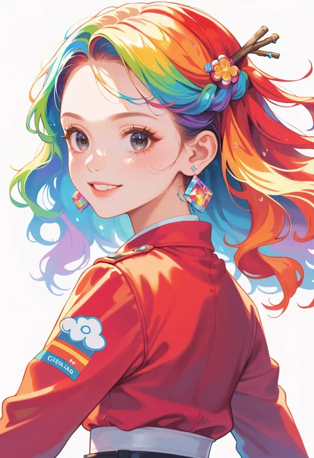 score_9, score_8_up, score_7_up, masterpiece, best quality, perfect anatomy, very aesthetic, ((outlined outlined vector graphics)),no norm,close up, back view,
, cute face, (glow eyes:0.8), looking at viewer, glittering, glimmering, red theme,
1girl,20yo, rainbow hair, black eyes, log hair, hair pin,small breast, slender,(white thigh strap:1.1),(black clohtes:1.1),
, 
jewelry, earrings, parted lips,, long sleeve,black , action pose , smile, <lora:rainbow-hair-01-step00000800:1>