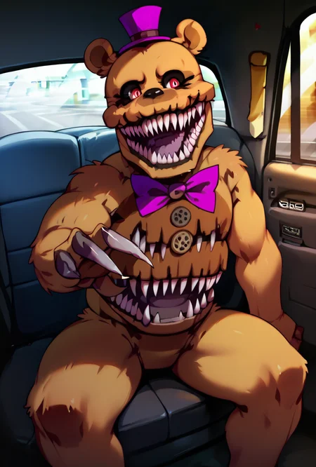 score_9, score_8_up, score_7_up,,  good quality ,, character focus, solo, , best quality , detailed background,  <lora:fredmare-10:1> fredmare, purple top hat, , teeth, no humans, purple bowtie, sharp teeth, claws, red eyes, bear, mini hat, , simple  <lora:FakeTaxiMeme_XLPD:1> fake taxi, car interior, sitting, ground vehicle