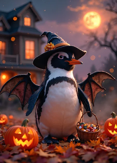 A charmingly peculiar penguin stands in the soft glow of twilight, its sleek tuxedo-like plumage gleaming under the light of a harvest moon. Adorably incongruous bat wings sprout from its sides, velvety and black with delicate bone structures visible through the thin membrane. The penguin's bright, inquisitive eyes sparkle with mischief as it tilts its head curiously, its orange beak slightly agape in a gentle, welcoming expression. A tiny, crooked witch's hat perches jauntily atop its head, decorated with miniature pumpkins and candy corn.
The penguin stands on a bed of fallen autumn leaves in vibrant shades of orange, red, and gold, creating a warm contrast to its black and white feathers. Surrounding the penguin are intricately carved jack-o'-lanterns, their candle-lit grins casting a soft, flickering light across the scene. Wisps of fog curl around the penguin's webbed feet, adding an air of mystery to the enchanting tableau.
In the background, a quaint Victorian house looms, its windows aglow with warm light and silhouettes of Halloween decorations visible through gauzy curtains. The sky above is a tapestry of deep purples and blues, streaked with wispy clouds that seem to dance around a perfectly round, orange moon.
Cobwebs shimmer with dew in the corners of the frame, catching the moonlight like strands of fine silver. A small trick-or-treat bucket dangles from one of the penguin's wings, filled to the brim with an assortment of colorful wrapped candies.
The image captures every detail with stunning clarity - from the individual barbs of each feather to the intricate patterns in the bat wing membranes, the textured surfaces of the pumpkins, and the delicate veining of the autumn leaves. The lighting is soft yet precise, highlighting the penguin's gentle features and the various textures in the scene, creating a hyper-realistic yet whimsical Halloween portrait that seamlessly blends the adorable with the slightly spooky.