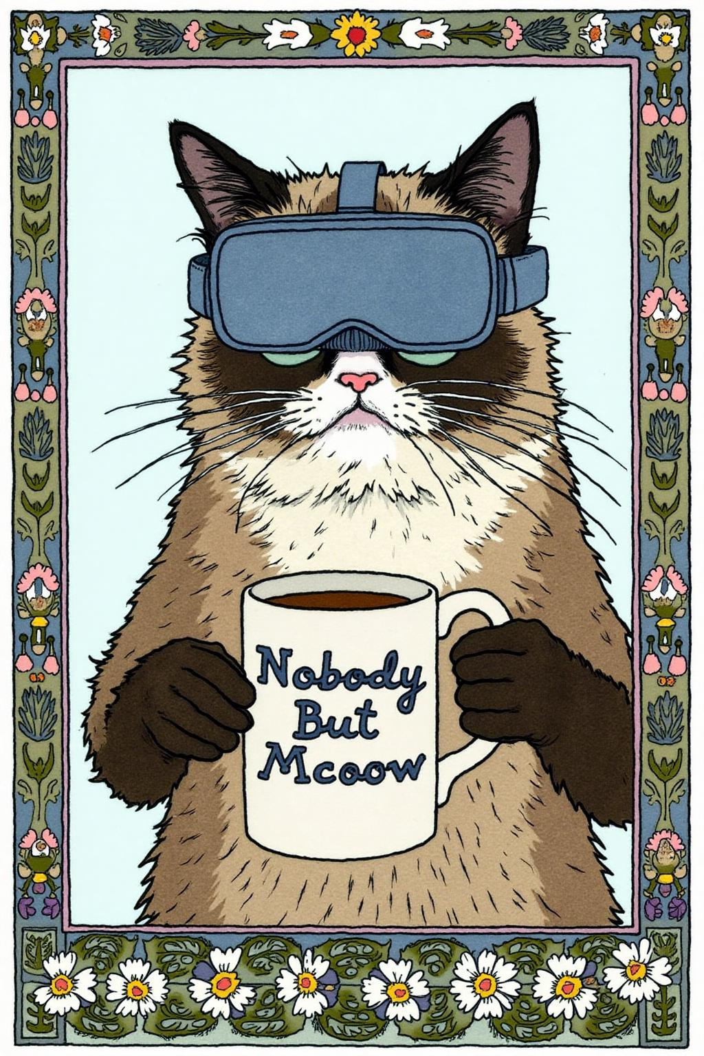 ivanbilibin1 illustration. Decorative borders frame the scene.
Grumpy Cat holding a coffee mug, wearing a VR Headset. The mug has the phrase "NobodyButMeow" printed. <lora:ivanbilibin2_cap_d6a3e11:1.0><lora:857294500328950652:0>