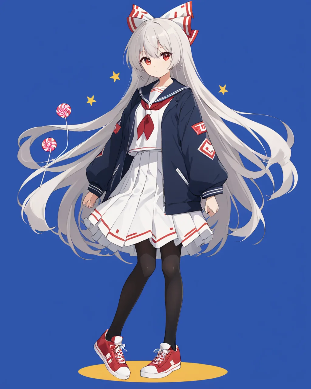 fujiwara no mokou,1girl, solo, red_footwear, sneakers, white_bow, white_skirt, hair_bow, full_body, long_sleeves, holding_lollipop, white_shirt, alternate_costume, red_neckerchief, red_bow, blue_background, black_jacket, sailor_collar, standing, closed_mouth, long_skirt, looking_at_viewer, black_socks, hand_up, contemporary, collared_shirt, simple_background, open_jacket, school_uniform, from_side, looking_to_the_side, pantyhose
<lora:fujiwara_no_mokou_image4672_2023-12-14-000008:1>,star-shaped_pupils,symbol-shaped_pupils,. gorgeous,key visual, vibrant, studio anime,award-winning, professional, highly detailed,high budget, cinemascope