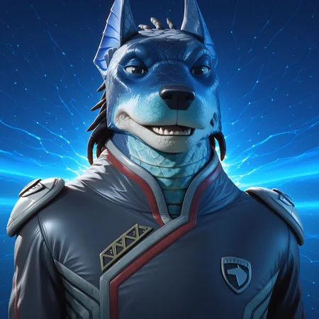 best quality, amazing quality, very aesthetic, absurdres, newest, high quality, masterpiece BREAK Anub1sKrug3r, alien, furry male, canine boy, blue scales, ears, sci-fi uniform, tendril hair, black eyes, male focus, blue background, upper body, teeth <lora:Anubis_Doggie_Kruger_Power_rangers_S.P.D:1>