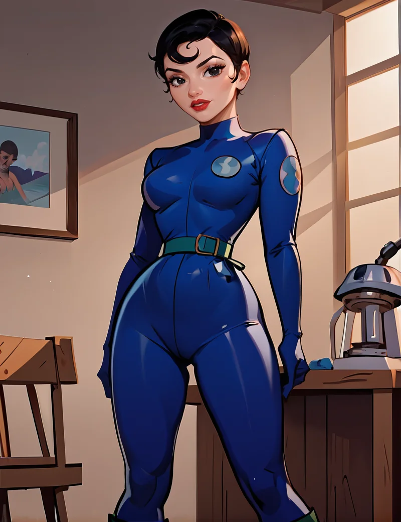 score_9, score_8_up, score_7_up,Standing, cut-in , honeydew, agent_honeydew, 1girl, black hair, solo, lipstick, black eyes, Super Short Pixie hairstyle, short hair, wearingfullbody blue bodysuits, highly detailed face, greenbelt, looking at viewer,Break Room, Relaxing oasis with cozy couches, a coffee machine, a mini-fridge, a microwave, a table for communal lunches, adorned with colorful artwork , ,dark navy high boots, <lora:Agent_Honeydew_Pony:1>