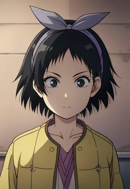 Totori, short hair, black hair, black eyes, yellow jacket, purple hairband, <lora:HeavenlyDelusion:1>,