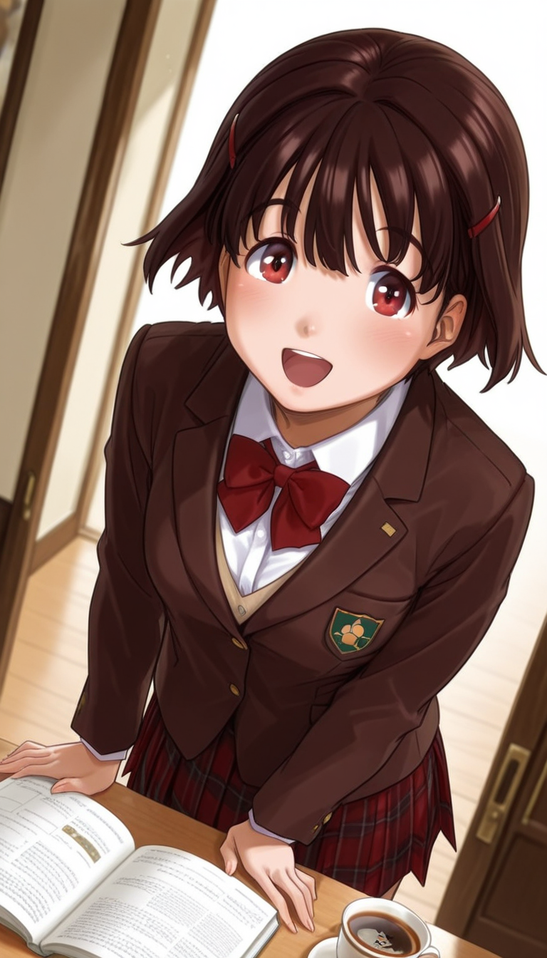 IllusP0s,masterpiece, best quality,(ultra detailed eyes:1.4),((ultra detailed heir:1.4)), ((dynamic Angle))
BREAK
1girl,  miwa0ng, <lora:Miwa_-_namadashi_generation:1>
Uniform, pleated skirt, red ribbon tie, checkered skirt, red skirt, white shirt, loafers, brown blazer with school emblem, 
BREAK
kind, happy
<lora:noob1.1-lineart_adjust_mult-mki:-1.9>  <lora:SmoothMix_Illustrious_v2:0.6>,  <lora:aidmaFLuxPro1.1_v0.3_IL:0.4>
BREAK
(A coffee shop decorated with vintage items. There are pastries and tea on the table. Textbooks on the table.)ã
looking at viewer, in heat
dutch angle