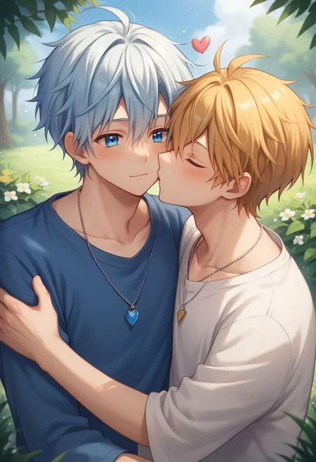 score_9, score_8_up, source_anime, highly detailed, 2boys,
2boys, male focus, yaoi, hug, blue eyes, heart, closed eyes, necklace, kissing
cheeck,
outdoor,