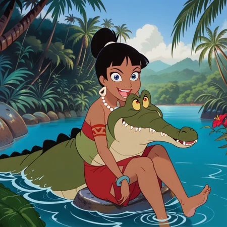 Tick tock crocodile,male animal focus, crocodile open large mouth ,green skin, blue eyes, Tick Tock the crocodile is giant and very huge size,teeth,fat, swimming in water,partially submerged,Tick Tock the crocodile looking at a young girl who she is sitting on a rock,1_girl,little_sizelong hair, black hair,chel, dark-skinned female, jungle,blue eyes,red flowers hair, blue aztek long_dress, jewelry, dark skin,smile,laught,necklace_pearl, bracelet, red tribal tattoo,wristband,anklet,aztek crown, barefoot,open mouth,river,palm trees, jungle tropical,leaf,grass Disney, anime,manga