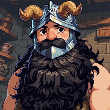 masterpiece, best quality, newest, absurdres, highres, DPAV1.0, pixel art,
1boy, Senshi \(dungeon_meshi\), dwarf, helmet, horns, horned helmet, fake horns, beard, black eyes, black hair,