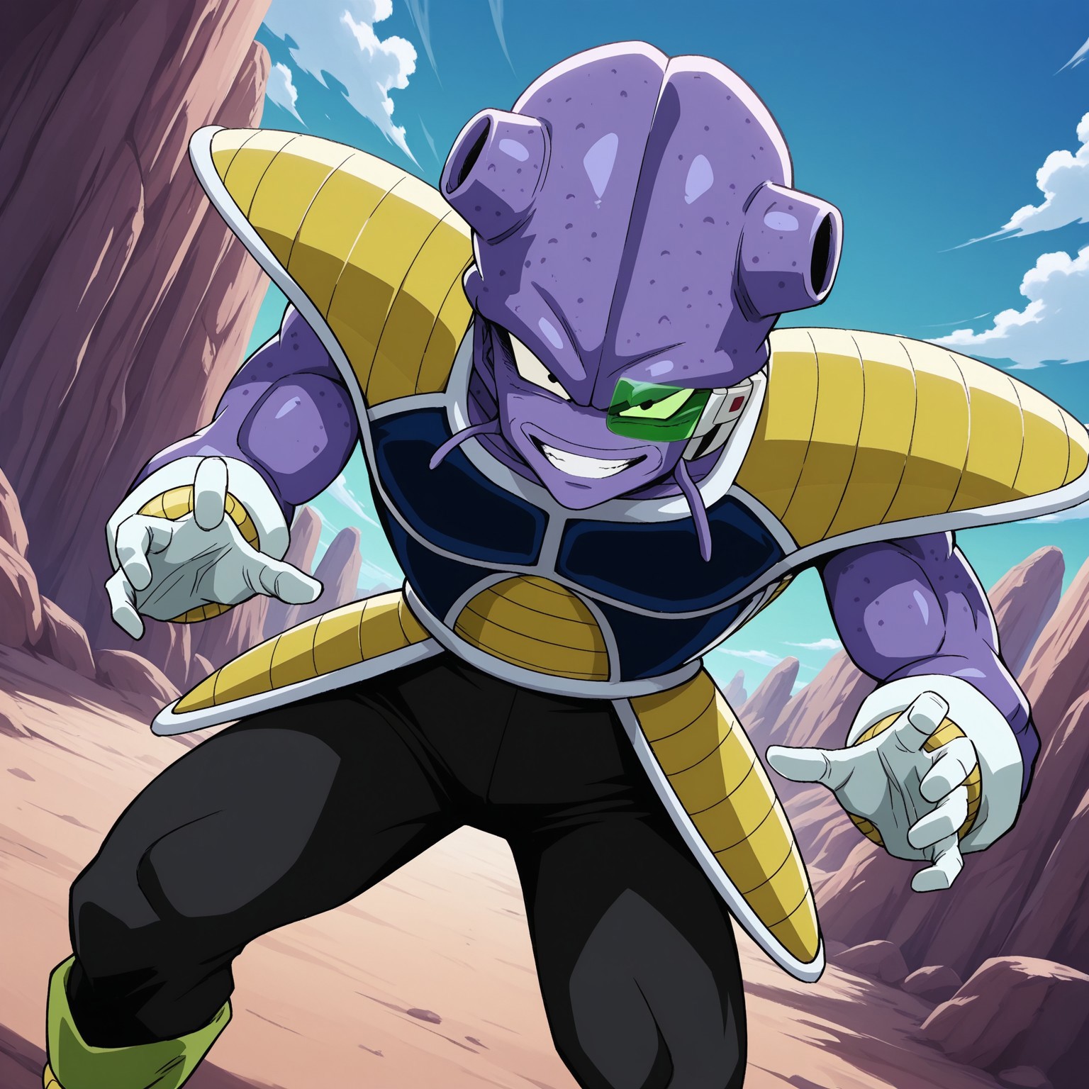 1boy, 2d, solo, Cui, Male, black eyes, purple skin, alien, humanoid, lips, saiyan armor, black pants, white gloves, green boots, green scouter

BREAK upper body focus, looking at viewer, grin, standing, abstract background

BREAK best quality, amazing quality, very aesthetic, absurdres, newest, masterpiece, high quality