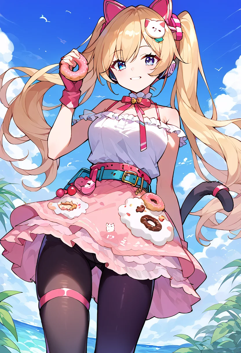 score_9,score_8_up,score_7_up,source_anime,zPDXL3,
*//*,<lora:Michele_Pony:1>,michele_dream,1girl,solo,blonde hair,twintails,long hair,bangs,blue eyes,fake animal ears,animal ear headphones,hair ornament,pink gloves,fingerless gloves,elbow gloves,pink dress,spaghetti strap,sleeveless ,bare shoulders,frilled dressfood print,belt,pink ribbon,pouch,short dress,pink footwear,(single leg black pantyhose, asymmetrical legwear:1.2),thigh strap,cat tail,stuffed cat,cherry,doughnut,
*//*,looking at viewer,cowboy shot,dutch angle,dynamic pose,smile,