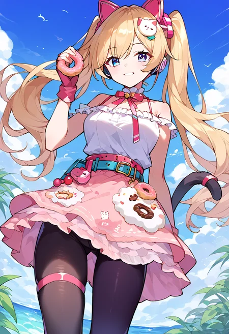score_9,score_8_up,score_7_up,source_anime,zPDXL3,
*//*,<lora:Michele_Pony:1>,michele_dream,1girl,solo,blonde hair,twintails,long hair,bangs,blue eyes,fake animal ears,animal ear headphones,hair ornament,pink gloves,fingerless gloves,elbow gloves,pink dress,spaghetti strap,sleeveless ,bare shoulders,frilled dressfood print,belt,pink ribbon,pouch,short dress,pink footwear,(single leg black pantyhose, asymmetrical legwear:1.2),thigh strap,cat tail,stuffed cat,cherry,doughnut,
*//*,looking at viewer,cowboy shot,dutch angle,dynamic pose,smile,