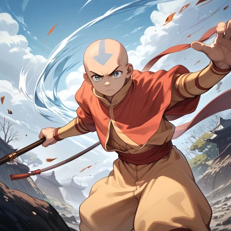score_9, score_8_up, score_7_up, score_6_up, score_5_up, score_4_up, 1boy, Aangava, grey eyes, avatarstate, bald, fighting stance, staff, airbending, solo, windy, wind blowing